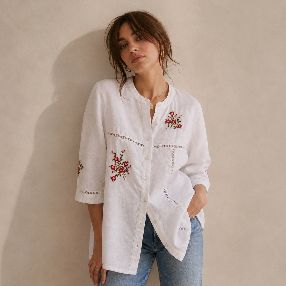 Jordan Vintage Linen Embroidered Floral Tunic White Button Front Shirt Sz S